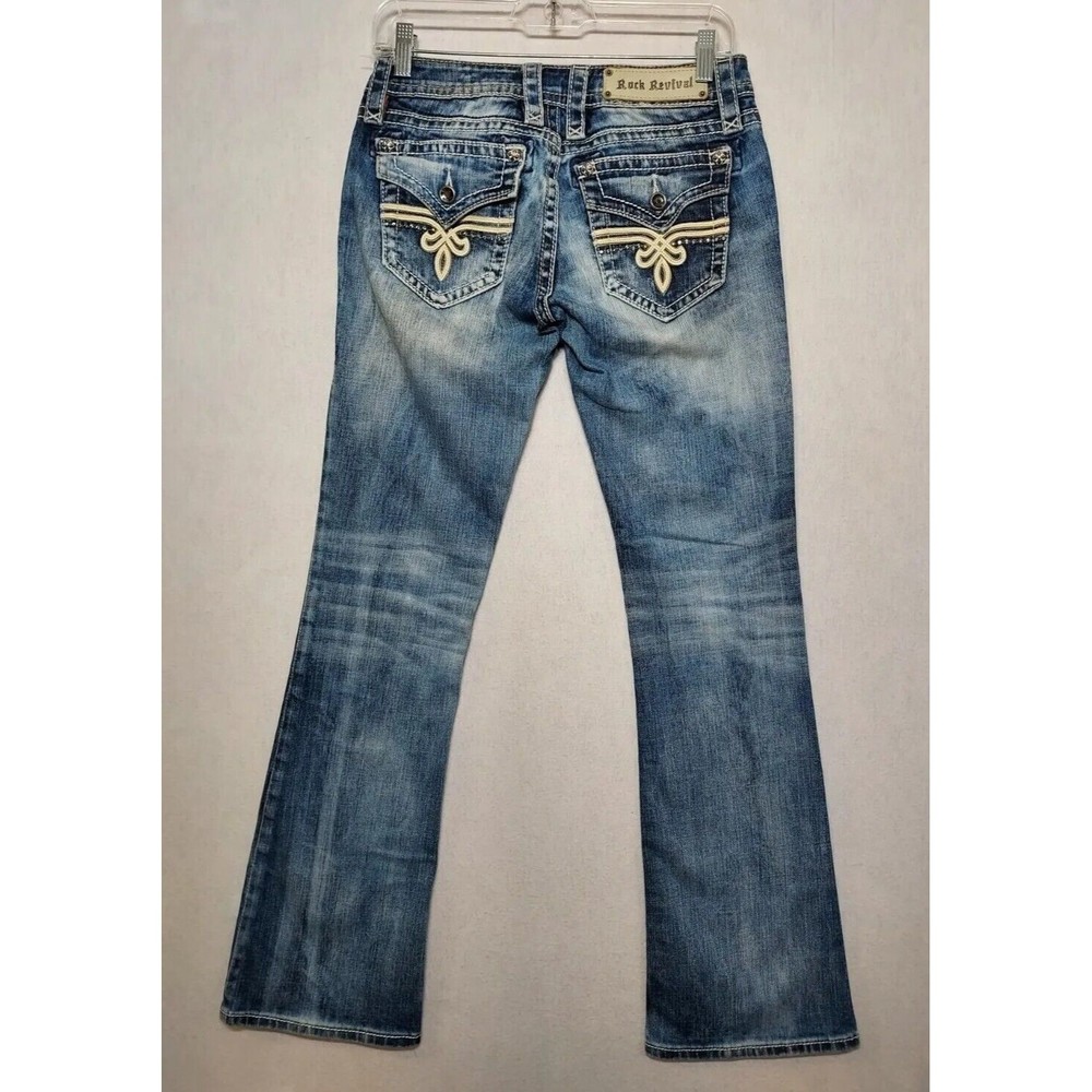 Rock Revival Woman's Penny Boot Cut Jeans Low Rise Fleur-de-Lis Sz 27 Fits 28x31